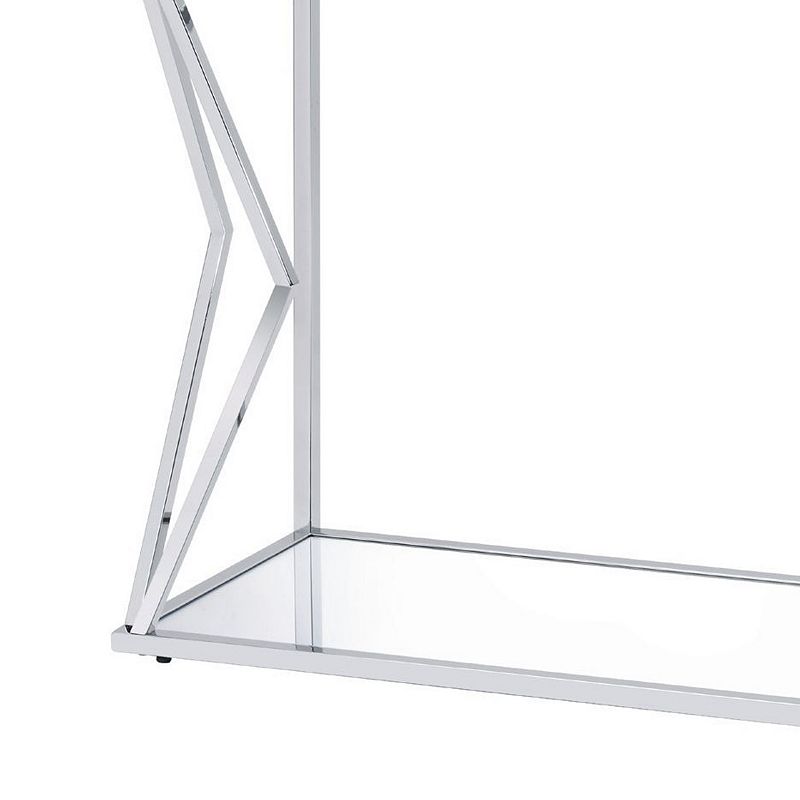 Sofa Table with Glass Top and Bottom Shelf and Geometric Accent， Silver