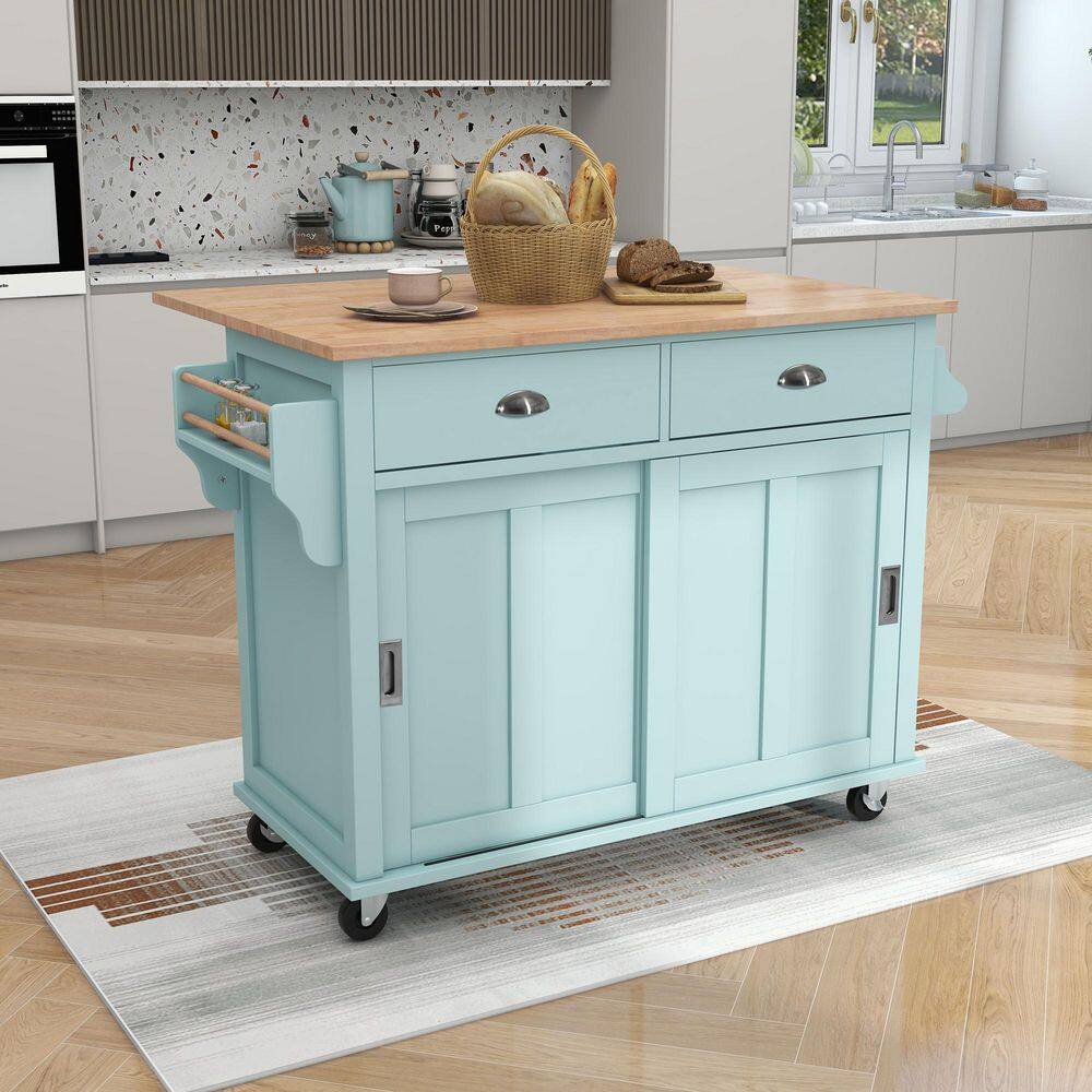 52 in. Mint Green Kitchen Cart Island with Rubber wood Drop-Leaf Countertop for Kitchen Dining Room Bathroom LH-360