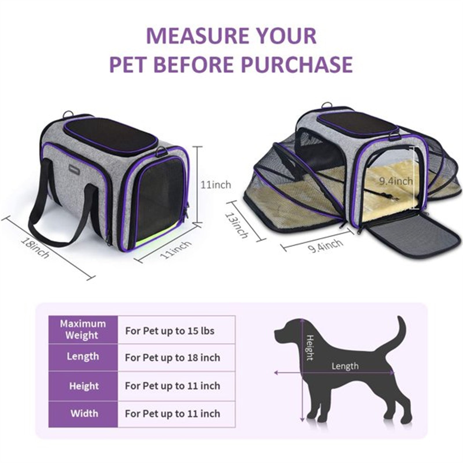 Electronn Cat Carrier TSA Airline Approved with Ventilation for Small Medium Cats Dogs Puppies with Big Space 5 Mesh Windows 4 Open Doors - Purple