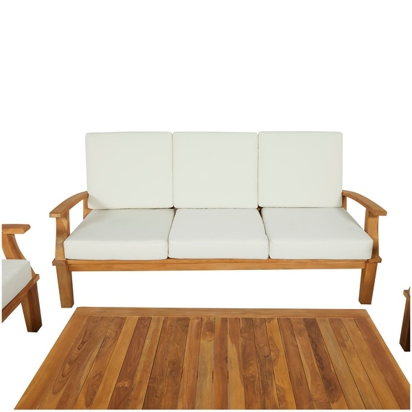 Teak Wood Traditional Outdoor Seating Set with OffWhite Cushions (Set of 5 Pieces)