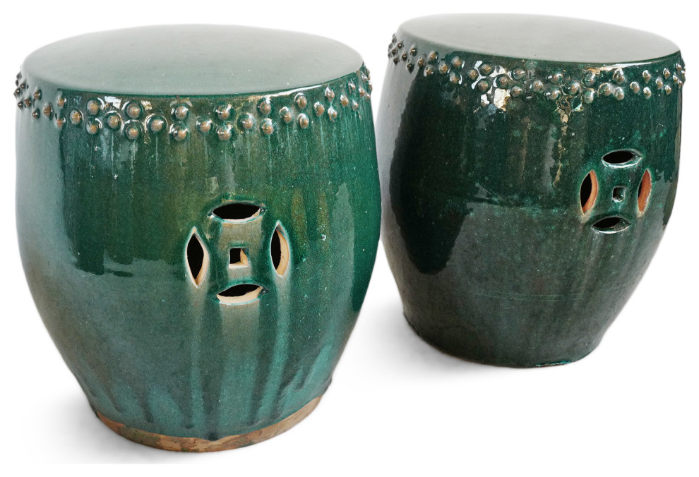 Teal Double Stud Ceramic Garden Stool   Asian   Accent And Garden Stools   by Design Mix Furniture  Houzz