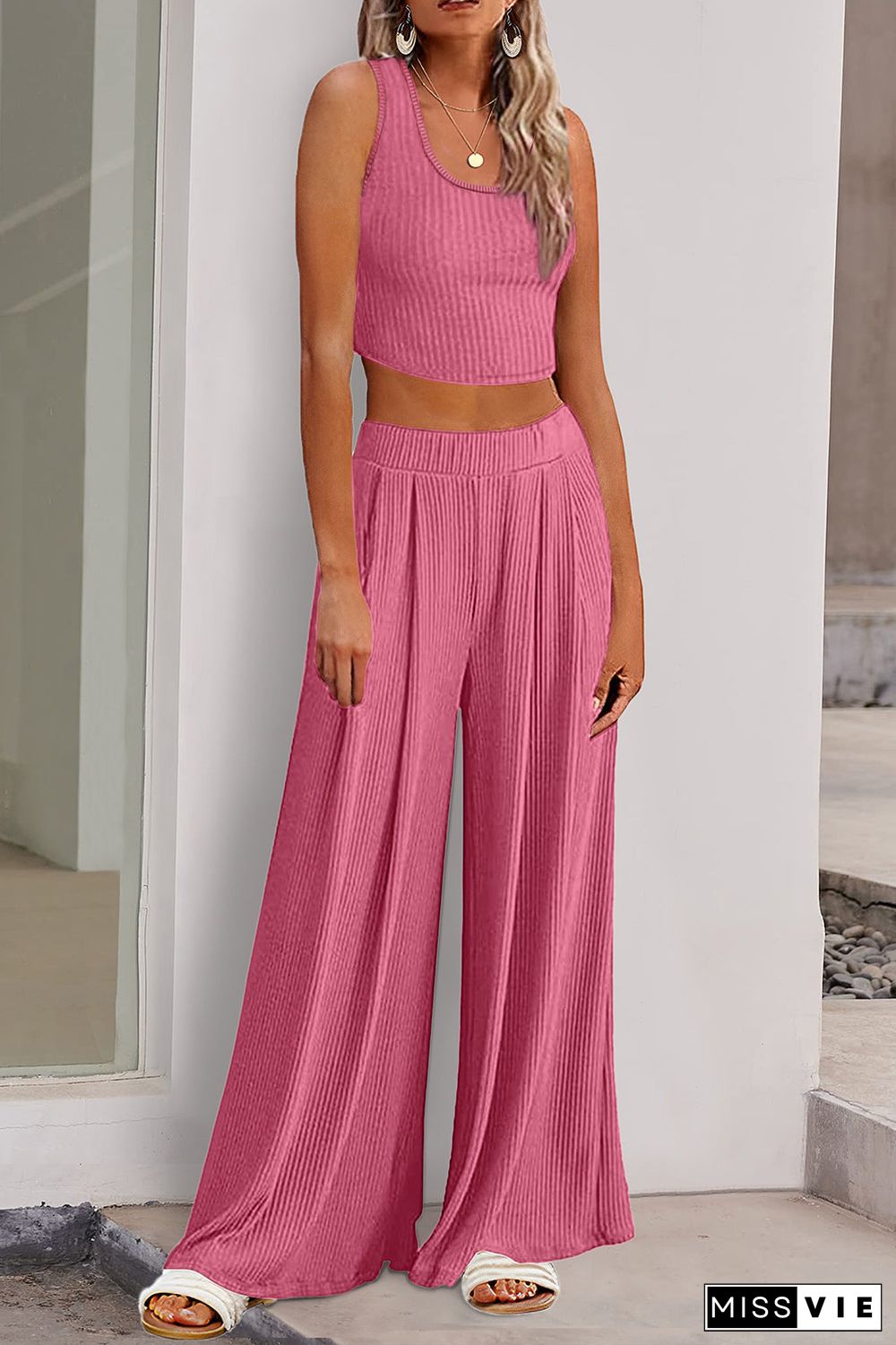 Textured Sleeveless Crop Top and Wide Leg Pants Outfit