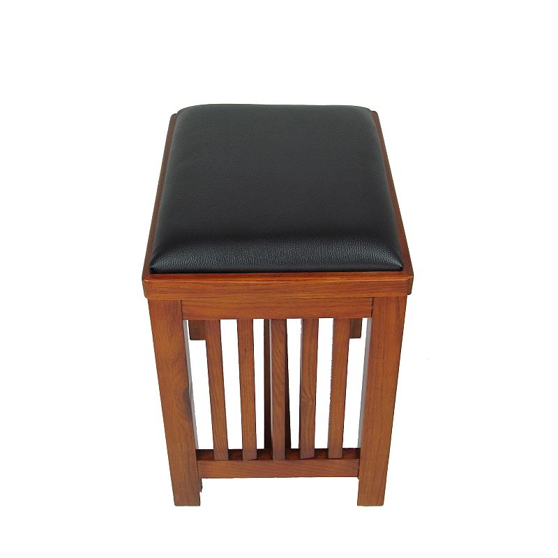 Faux Leather Upholstered Mission Wooden Stool with Slatted Sides， Brown