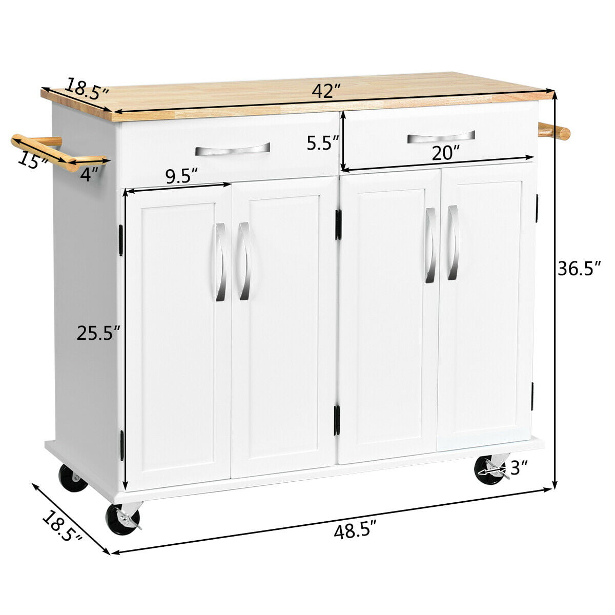 Costway Kitchen Trolley Island Utility Cart Wood Top Rolling Storage Cabinet Drawers White