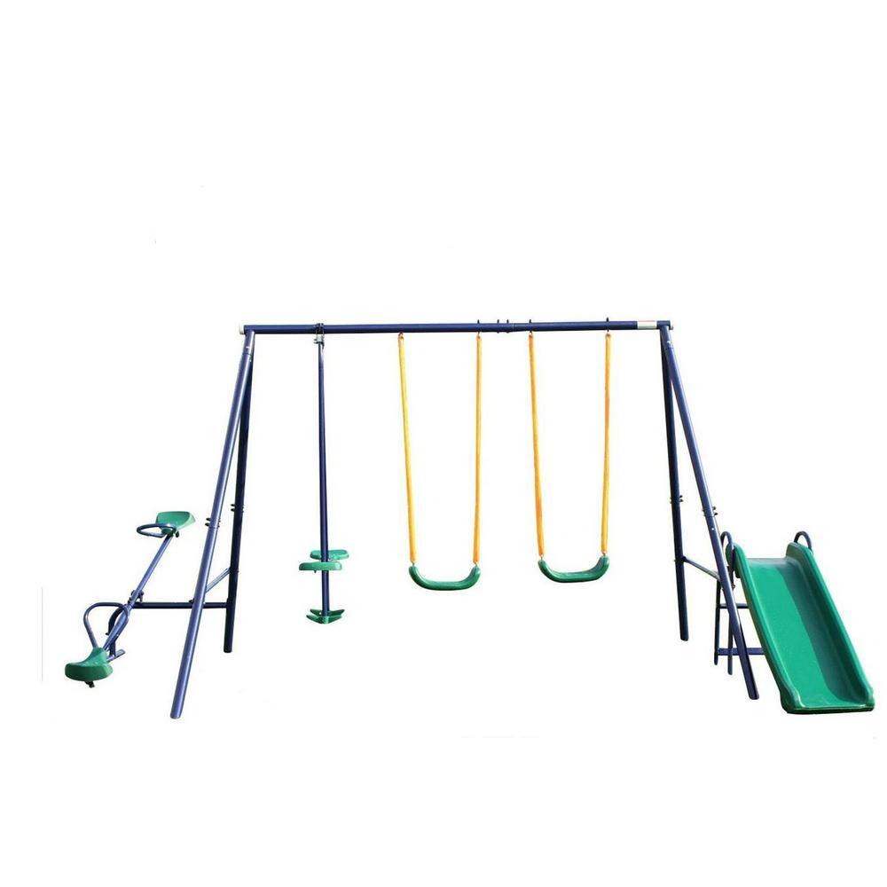 Metal Outdoor Swing Set with 2 Swing Seats 1 Glider 1 Slide and 1 Teeter-Totter LN20232363