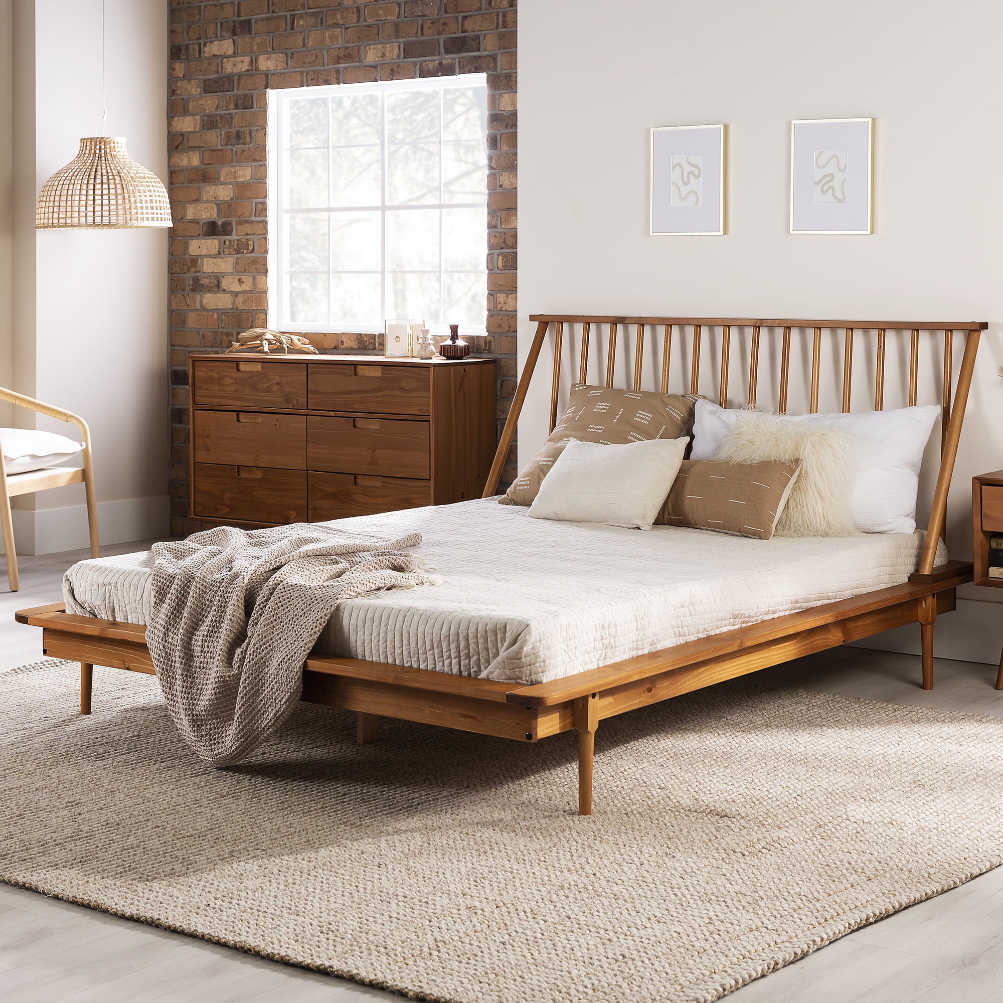 Desert Fields Modern Boho Queen Size Solid Wood Platform Bed, Caramel