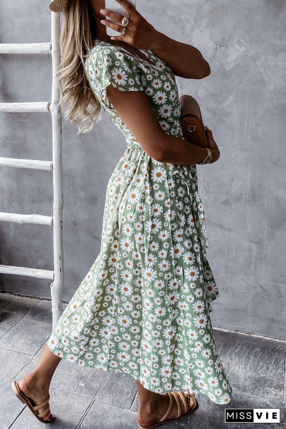 Fashion Bohemian Print Split Joint V Neck Irregular Dresses