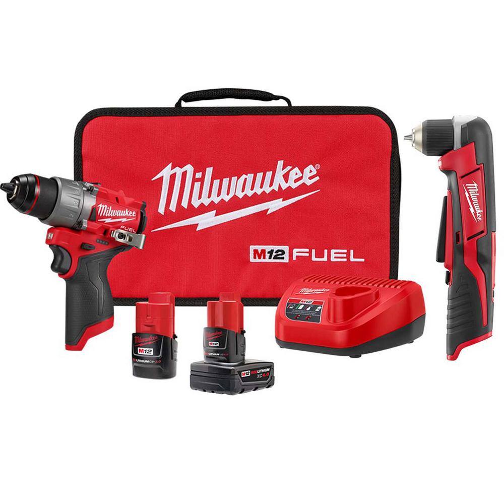 MW M12 FUEL 12-Volt Lithium-Ion Brushless Cordless 12 in. Drill Driver Kit with M12 Right Angle Drill 3403-22-2415-20