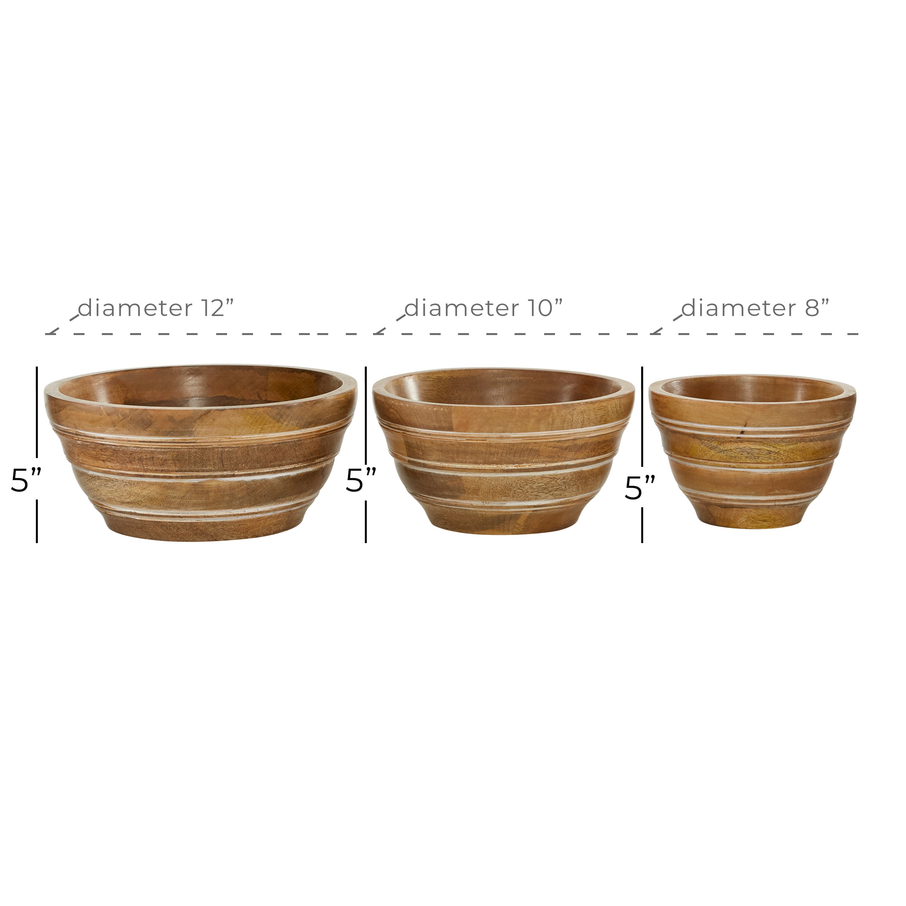 DecMode 8， 10， 12W Brown Wood Handmade Serving Bowl， 3-Pieces