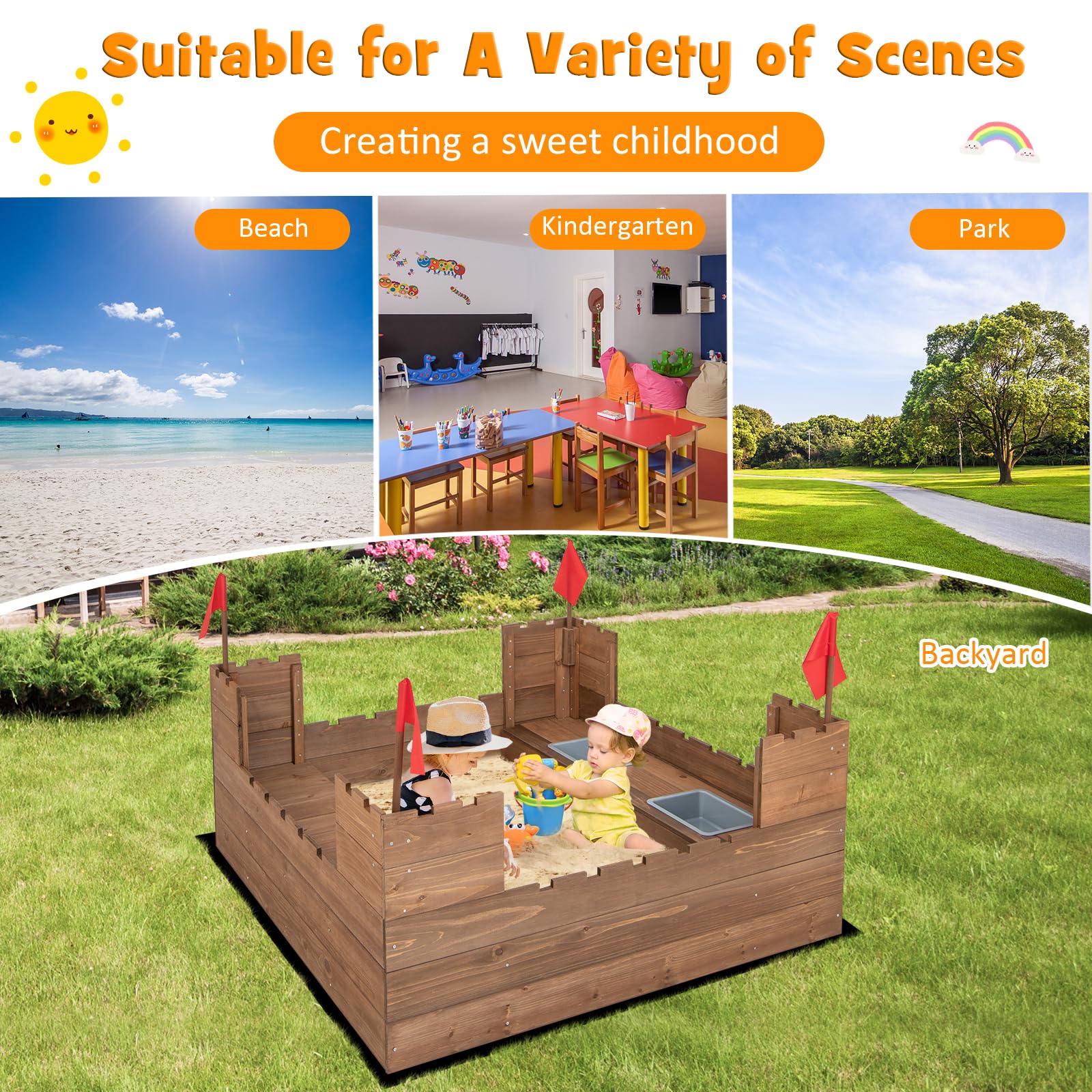 Costzon Cedar Wood Sandbox, Outdoor Sandpit w/Built-in Bench Seats