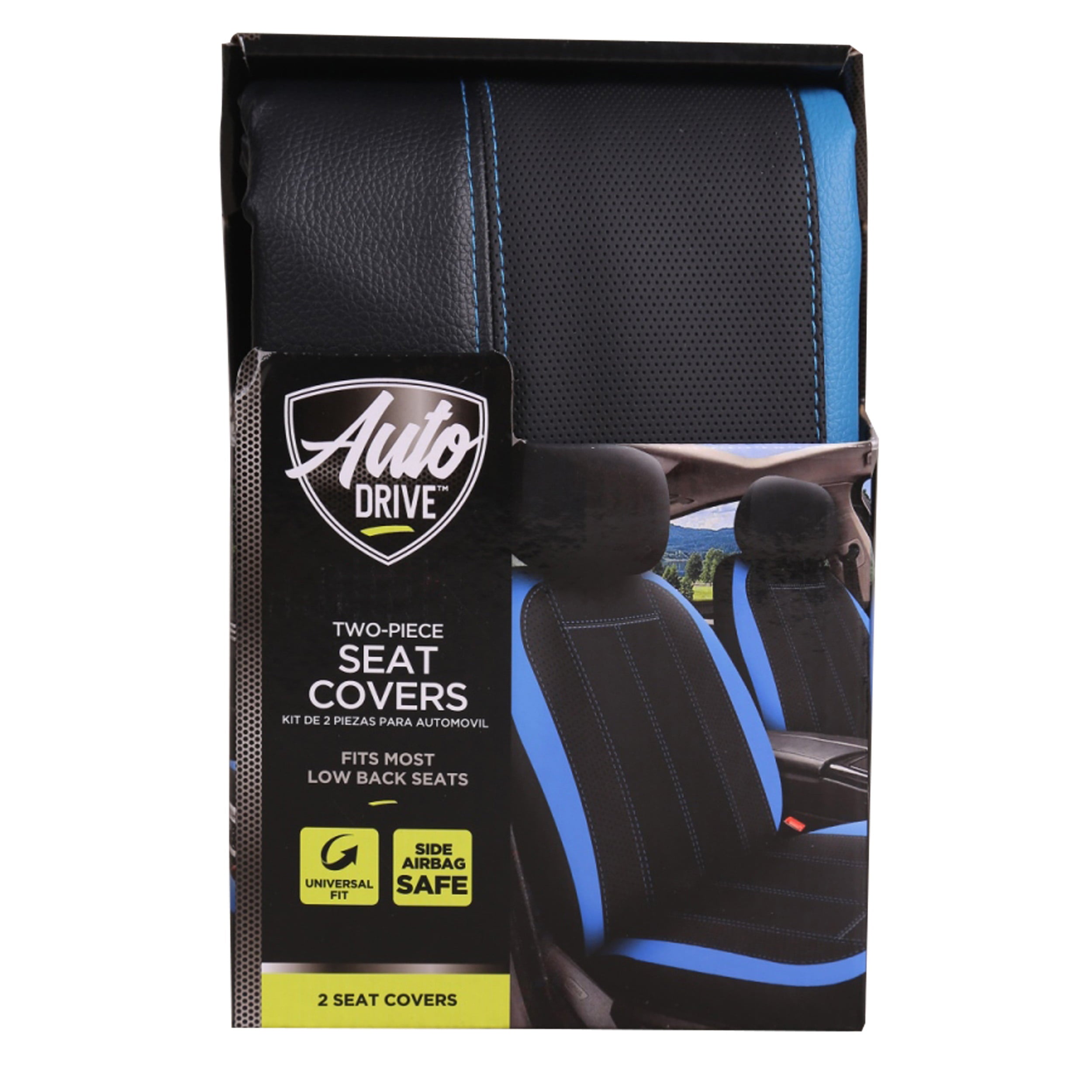 Auto Drive 2 Piece Seat Covers and Headrest Covers， Black and Blue Universal Fit for Car Truck