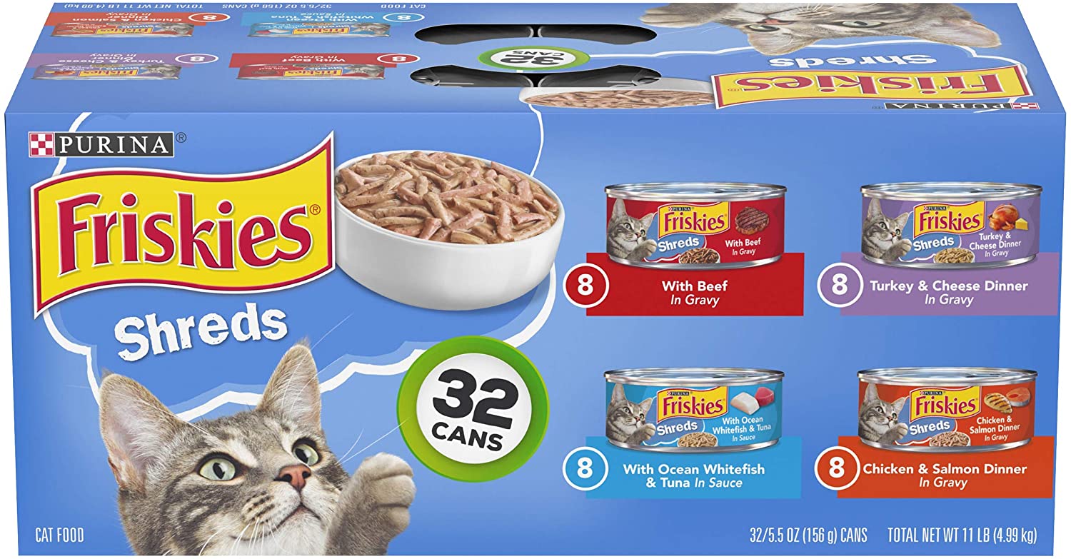 Purina Friskies Gravy Wet Cat Food Variety Pack， Savory Shreds - (32) 5.5 oz. Cans