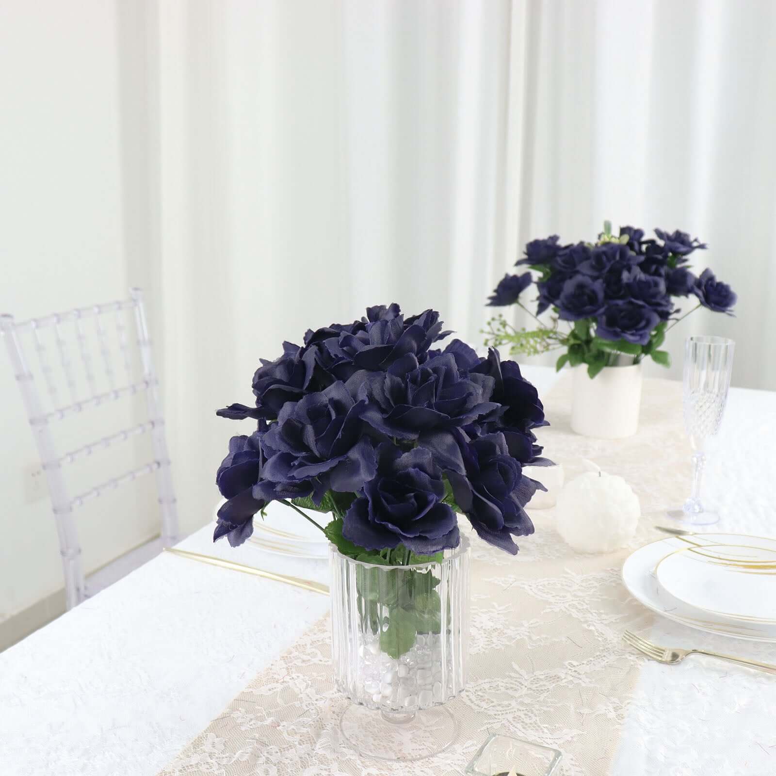 12 Bushes Navy Blue Artificial Premium Silk Blossomed Rose Flowers 84 Roses