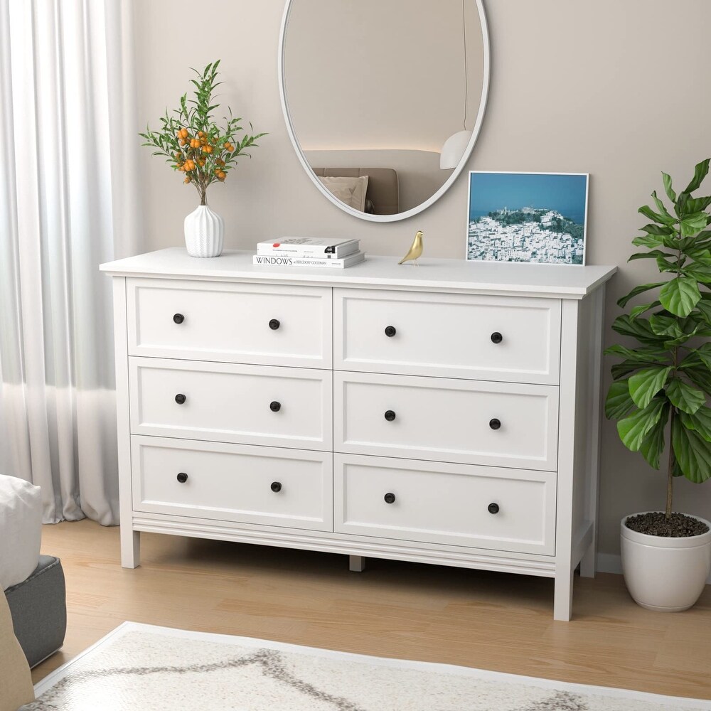 White Dresser  6 Drawer Double Dresser for Bedroom with Metal Knobs   Wide Storage  Chest of Drawers