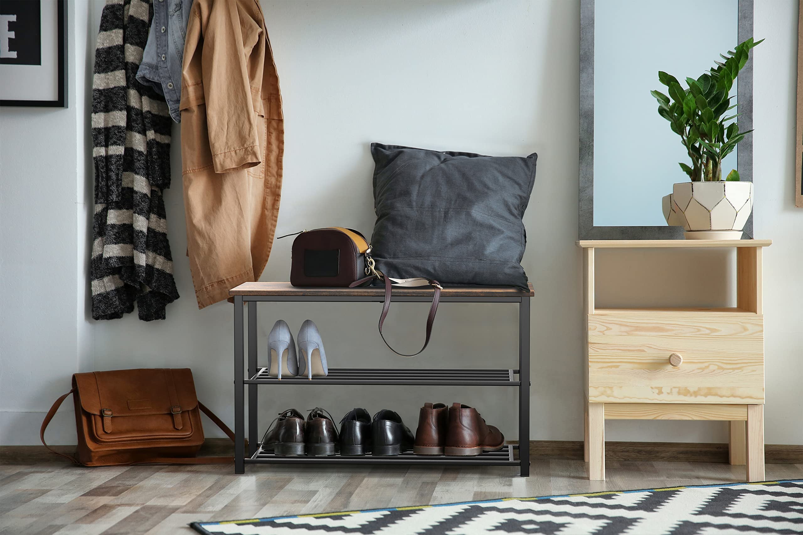 SimpleHouseware Shoe Storage Bench for Entryway， Rustic Brown