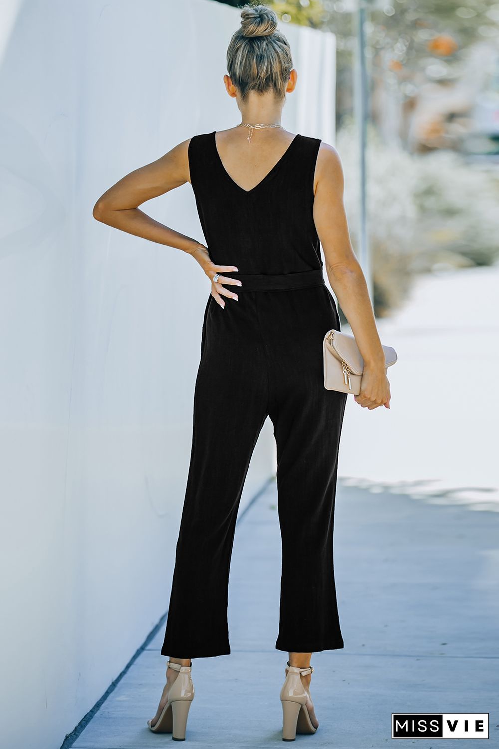 Black V Neck Button Belted Jumpsuit with Pockets