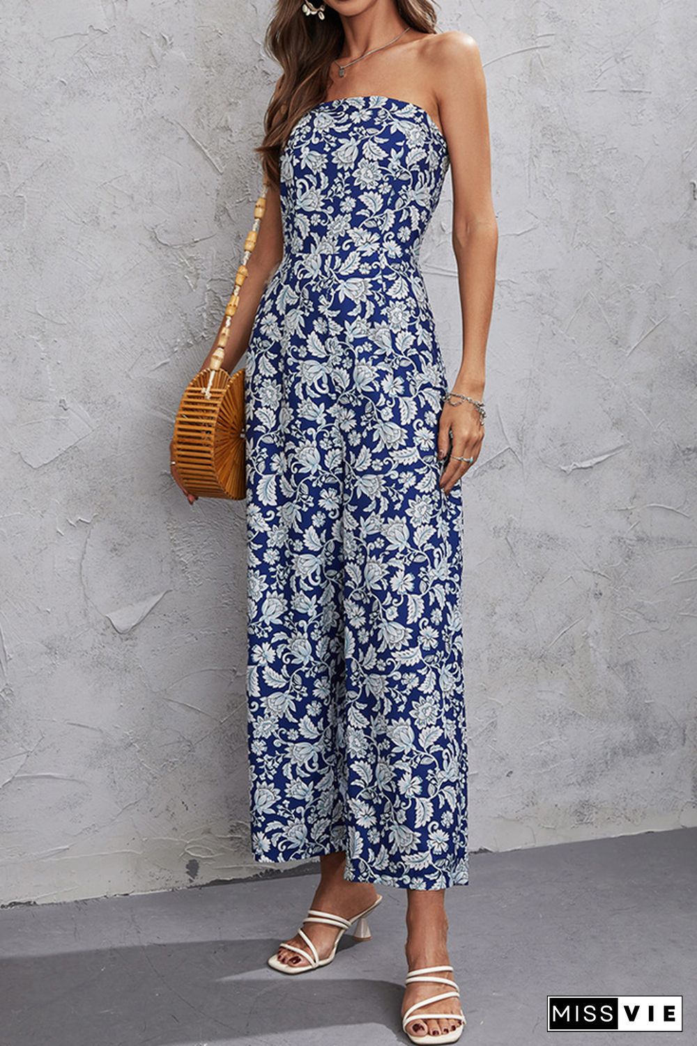 Blue Off Shoulder Wide Leg Floral Jumpsuit