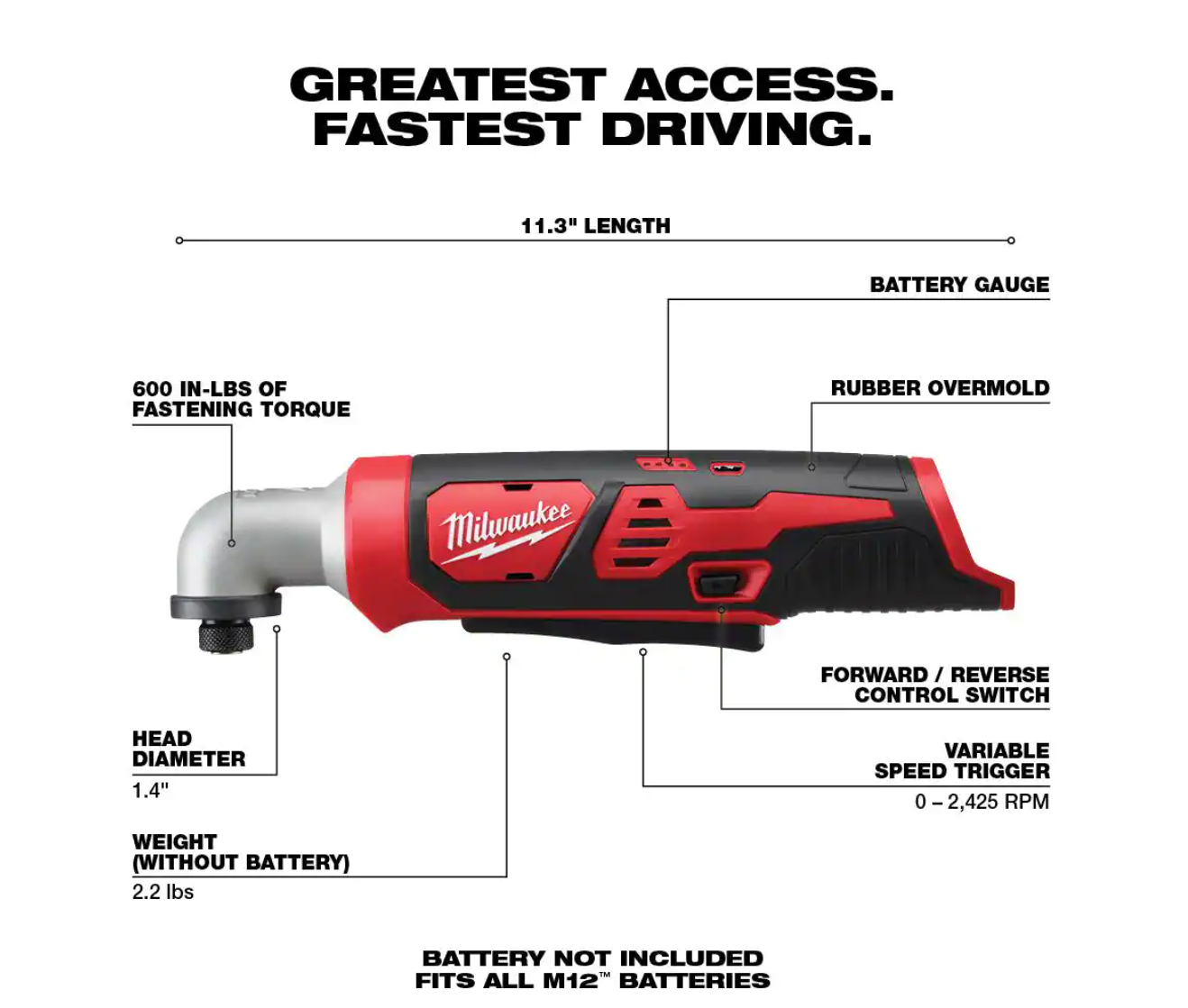 Milwaukee 2467-20-2447-20-48-11-2460 M12 12V Li-Ion Cordless 1/4 in. Right Angle Hex Impact Driver w/M12 3/8 in. Crown Stapler and 6.0Ah XC Battery Pack