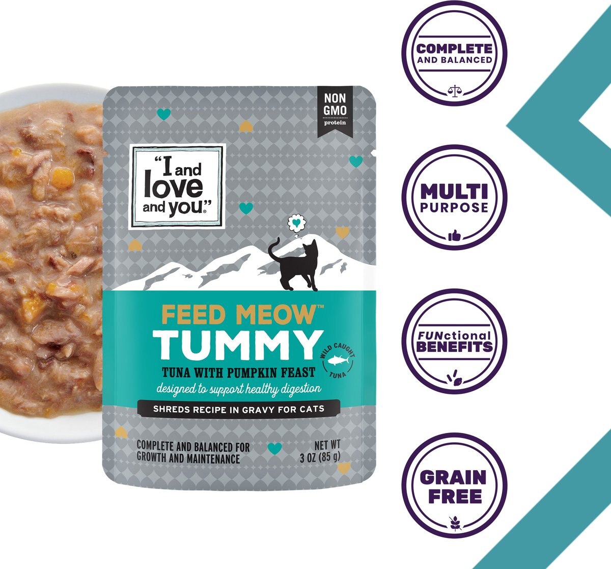 I and Love and You Feed Meow Tummy Tuna and Pumpkin Feast Grain Free Chunks In Gravy Wet Cat Food， 3-oz pouch， case of 24