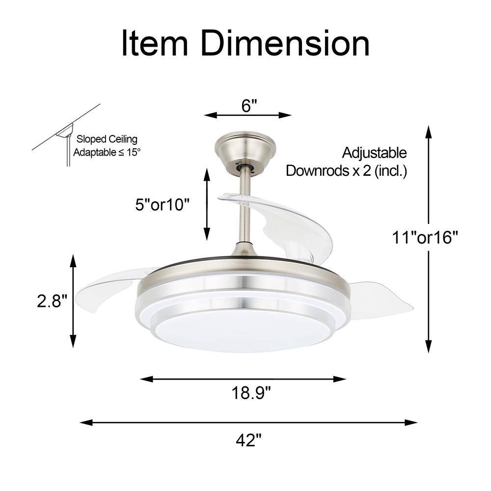 Bella Depot 42 in. Indoor Brushed Nickel Retractable Ceiling Fan with LED Light and Remote 6-Speed Reversible Ceiling Fans BD4204