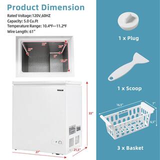 Costway Chest Freezer 5.2 cu. ft. Top Freezer Built-In and Standard Refrigerator with Upright Single Door and 3-Baskets in White FP10052WL-WH