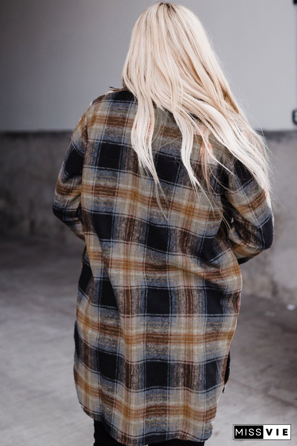 Oversize Rounded Hem Plaid Shirt with Slits