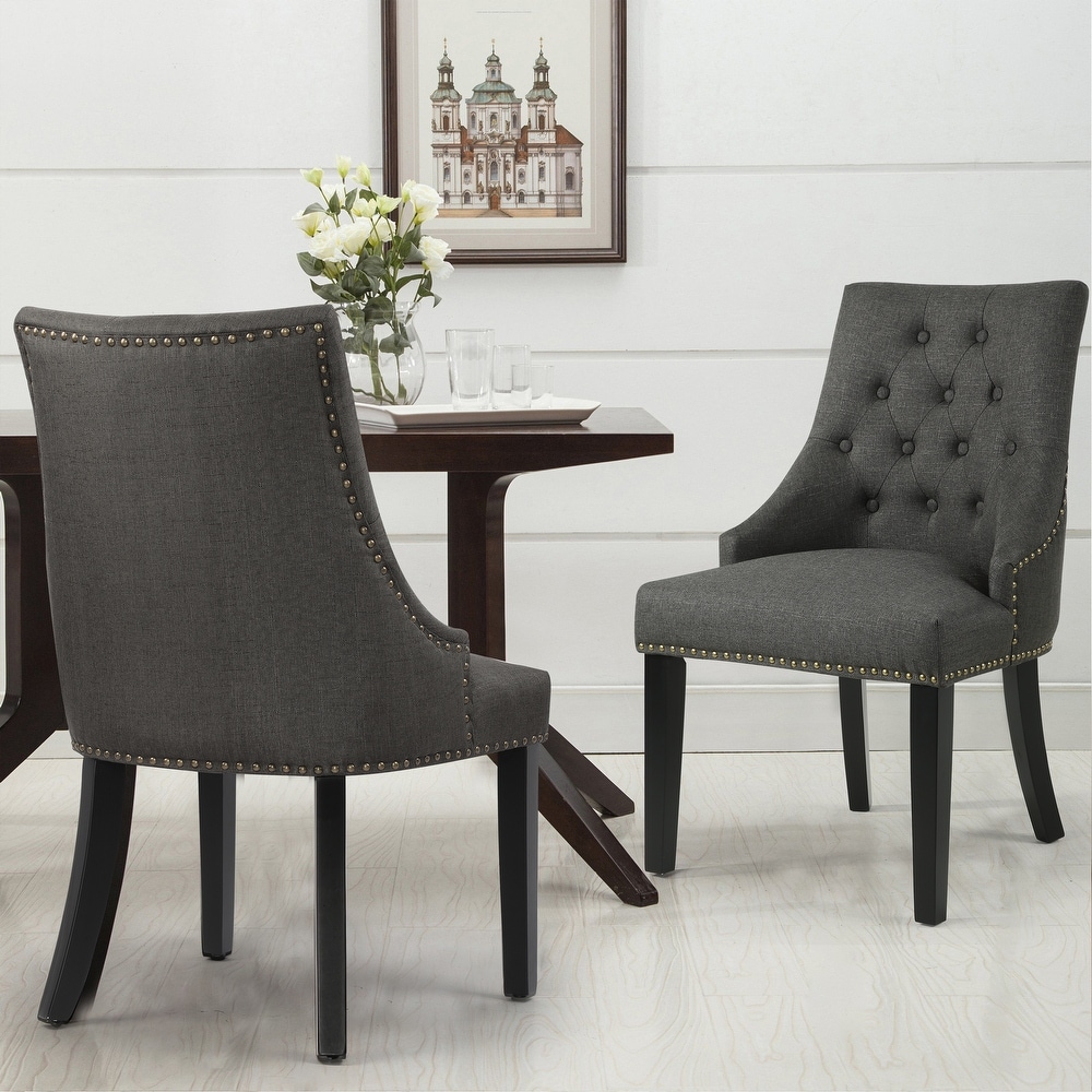 Fabric Upholstered Dining Chairs Button Tufted Nailhead Trim Accent Chairs Set of 2