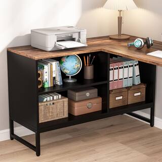 BYBLIGHT Lanita 60 in. L Shaped Desk Rustic Brown Black Engineered Wood Metal Frame Computer Desk with File Cabinet BB-XK00149-RM