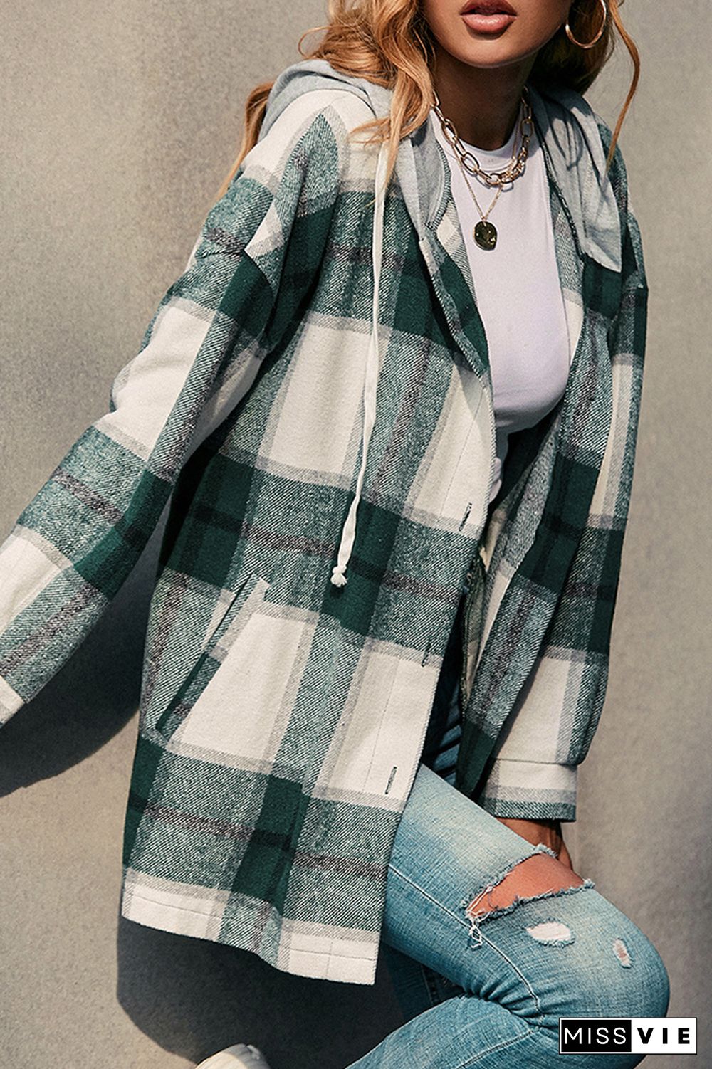 Plaid Button Front Hoodies Shacket Jacket Women Wholesale