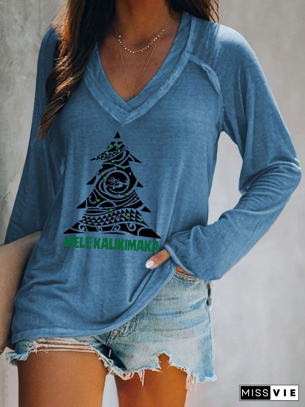 Women's Casual Mele Kalikimaka Print Long Sleeve T-Shirt