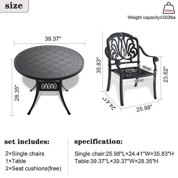 3/5 Piece Cast Aluminum Outdoor Dining Set with 39.37 in. Round Table and Random Color Seat Cushions