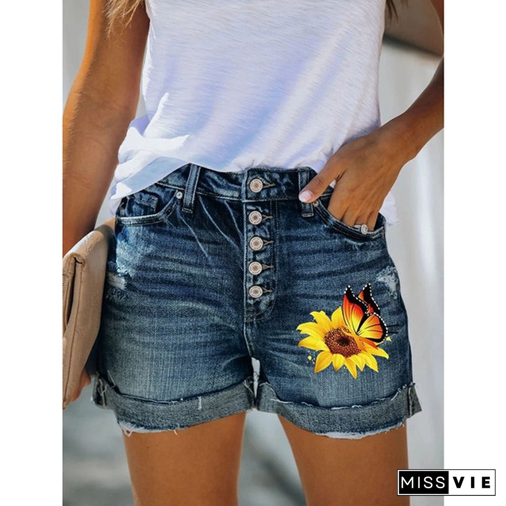 4 Summer Women Hot Shorts Sunflower Butterfly Print Denim Shorts Skinny Jeans Shorts