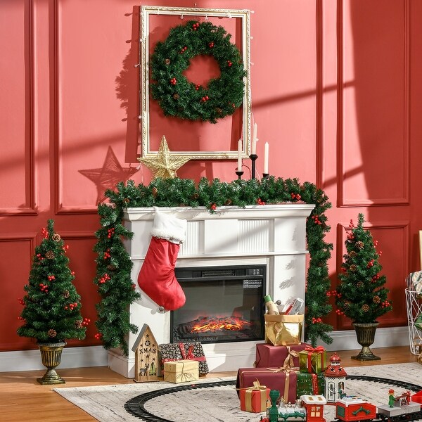 Prelit 4Piece Holiday Christmas Set: 2 Entrance Trees，Garland and Wreath with Warm White LED Lights