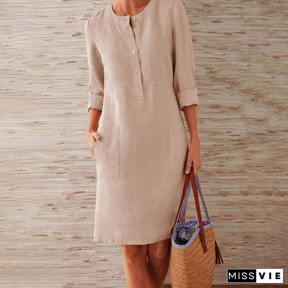 Pure Color Casual Cotton And Linen Round Neck Dress