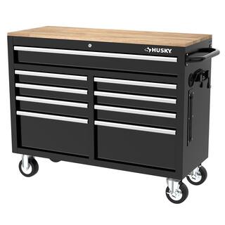 Husky 46 in. W x 18 in. D 9-Drawer Gloss Black Mobile Workbench Cabinet with Solid Wood Top H46X18MWC9BLK