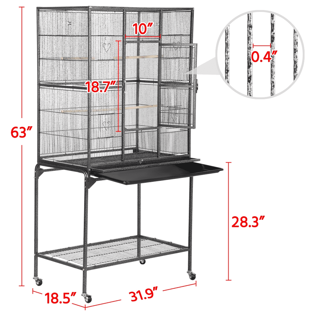 Easyfashion 63'' Large Rolling Metal Parrot Cage with Detachable Stand， Black