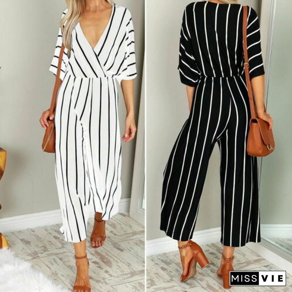 Wide Leg Pants Jumpsuit Ladies Half-sleeved Striped Loose Loose Trousers Jumpsuit Overalls