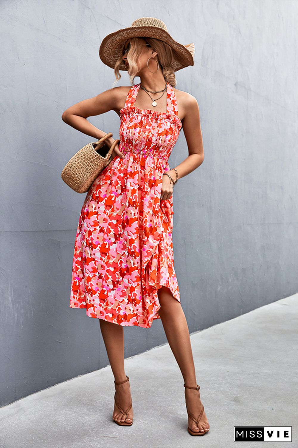 Ruffle Printing Halter Dress Wholesale