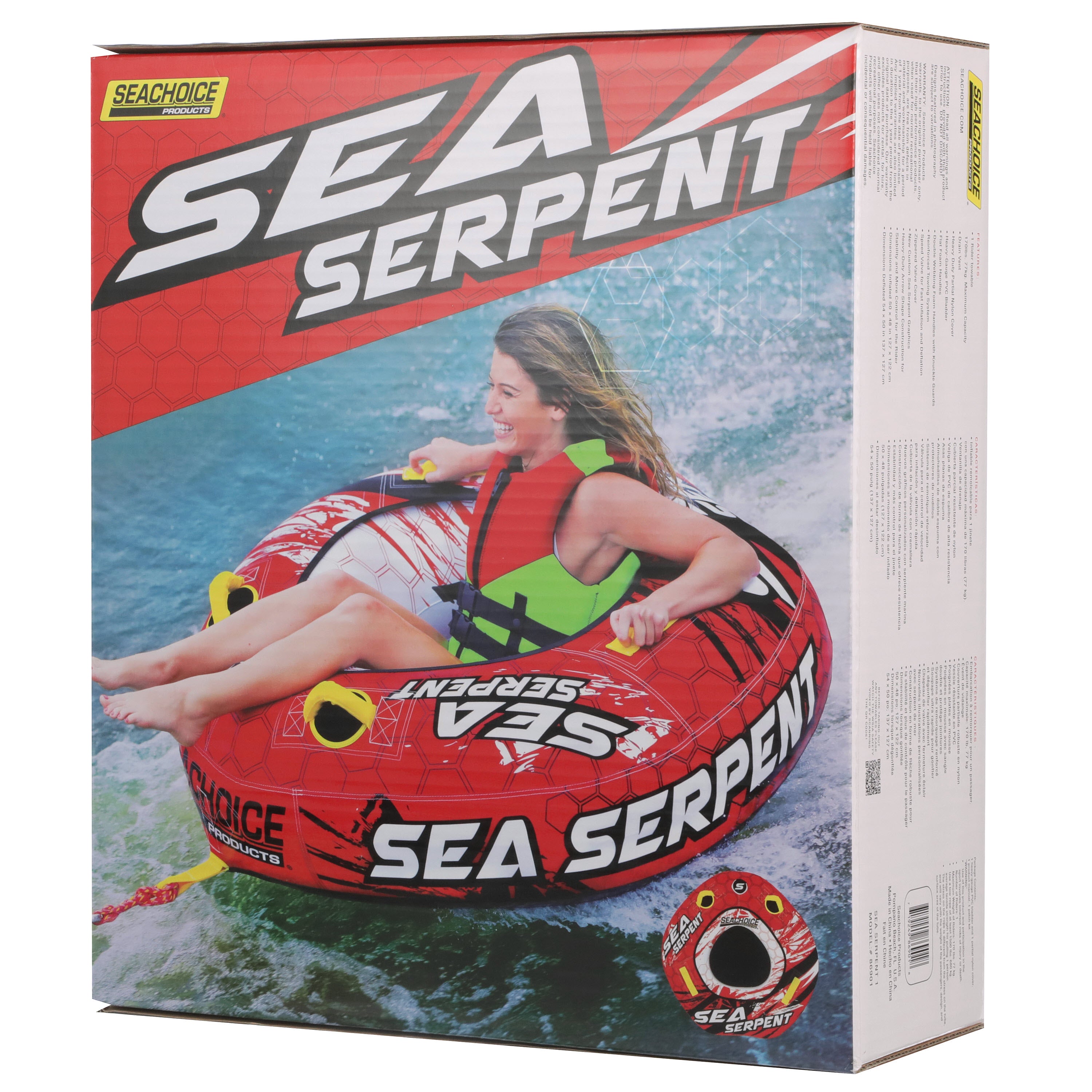 Seachoice Sea Serpent Towable Tube， Open Top Boat Tube w/ Reinforced Towing System， 1 Person， 50 In. X 48 In.