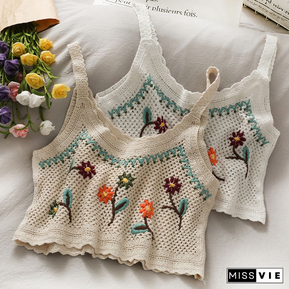 Woman Tanke Vintage Embroidery Crop Tops Camis For Women Floral Print Sleeveless Camisole Fashion Hot Top Mujer Verano