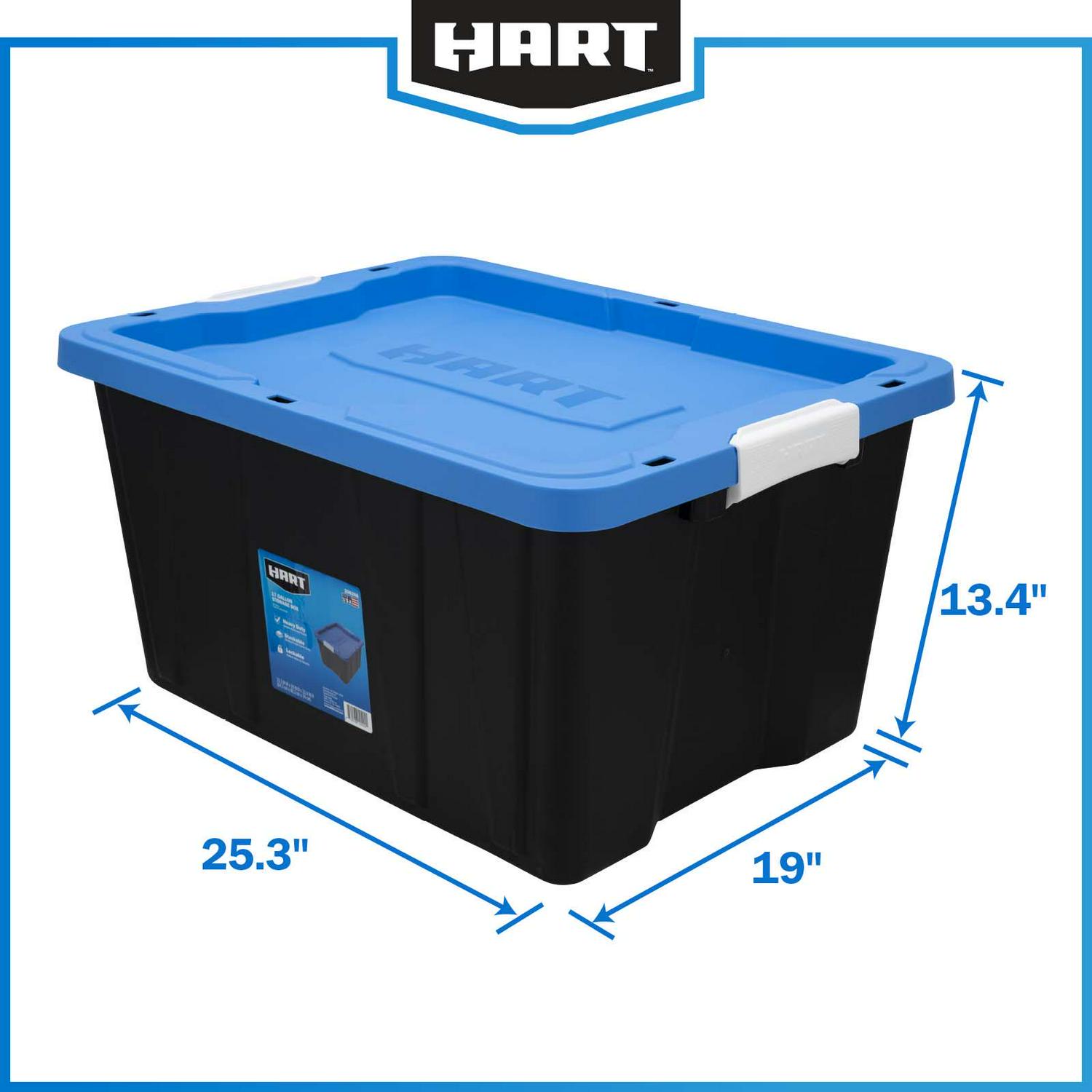 HART  17 Gallon Heavy Duty Latching Plastic Storage Box， Black Base/Blue Lid， Set of 4