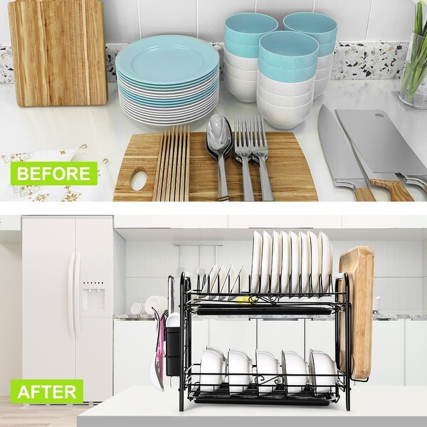 2-Tier Dish Drying Rack Dish Rack Drainer Holder Kitchen Storage Space Saver - L