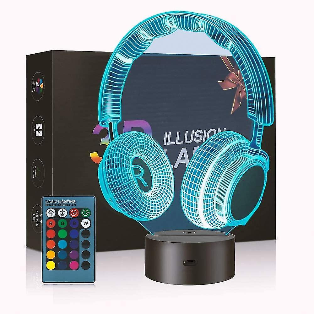 3d Night Light， Headphone 3d Optical Illusion Desk Lamp With 16 Colors Changing， Touch Switch and 24 Keys Remote Control， Usb Charging， For Kids Bedroom