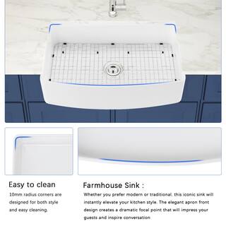 White Fireclay 33 in. Single Bowl Farmhouse Apron Arch Edge Front Kitchen Sink with Bottom Grid and Sink Drain LL-W122567052