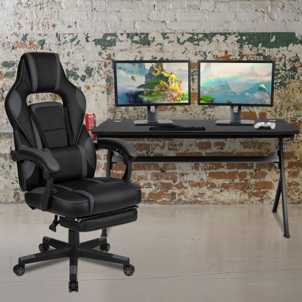 Optis Gaming Desk with Cup Holder/Headphone Hook/Removable Mousepad Top and Black Reclining Back/Arms Gaming Chair with Footrest