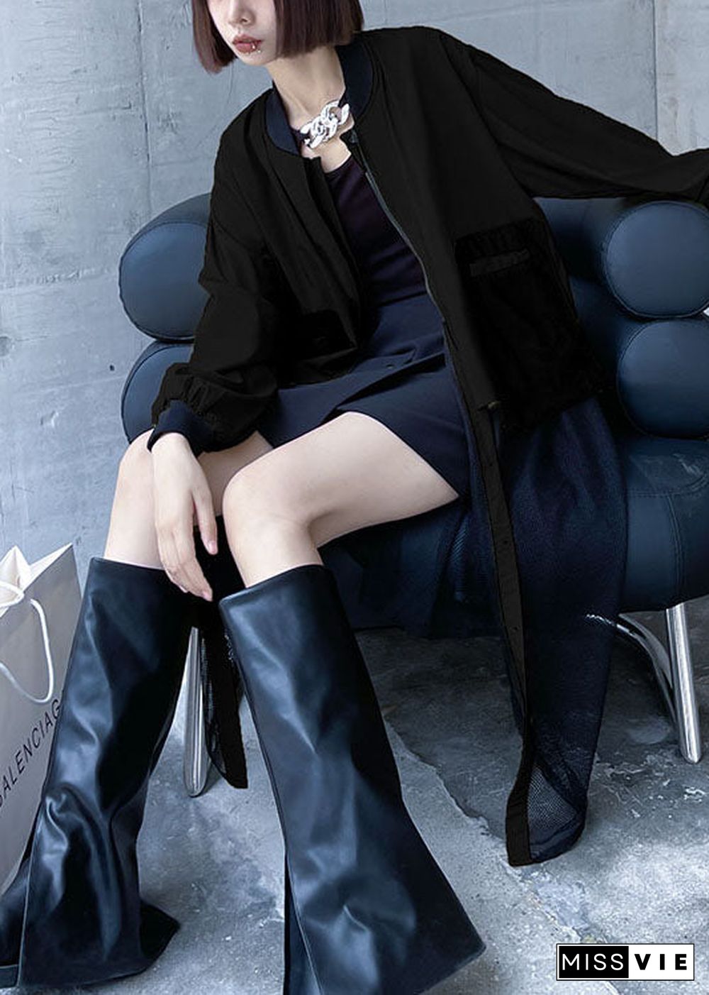 Plus Size Black zippered Pockets Tulle Patchwork Fall Long sleeve Trench coat