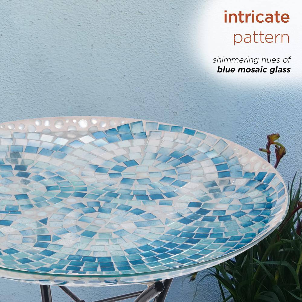 Alpine Corporation 24 in. Tall Outdoor Mosaic Style Glass Birdbath Bowl with Metal Stand， Blue HMD102A