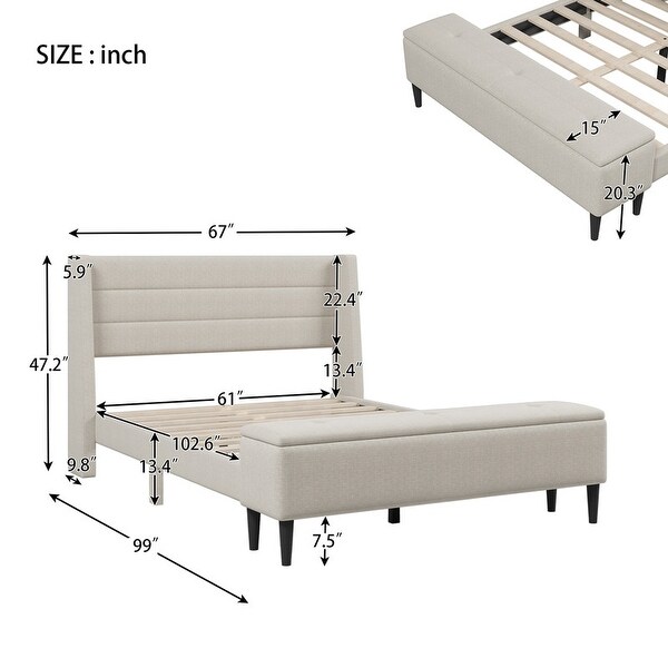 Beige Queen Upholstered Storage Bed with Storage Ottoman Bench and Two Nightstands - - 37893671