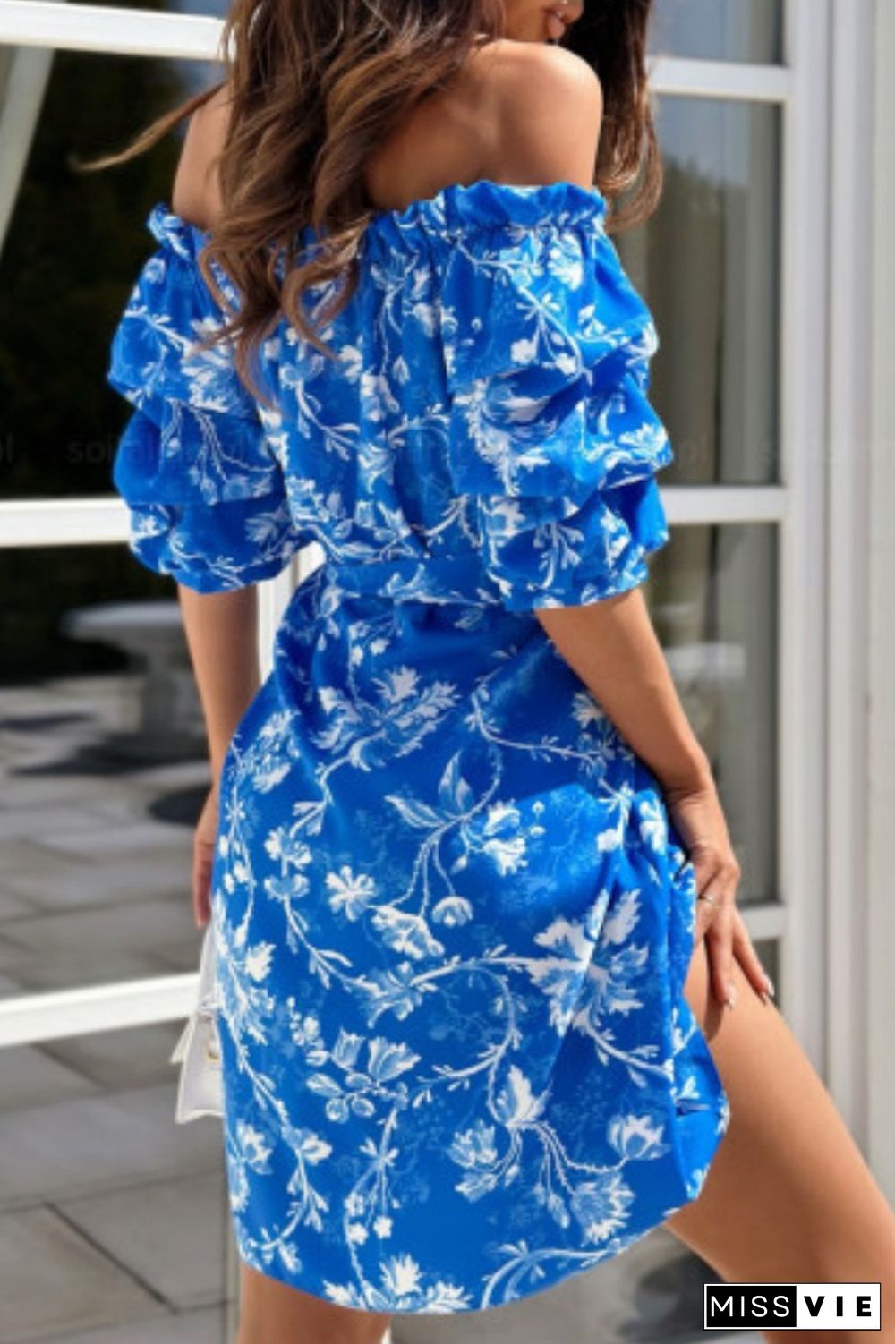 Blue Casual Print Patchwork Off the Shoulder Short Sleeve Dress (Subject To The Actual Object)