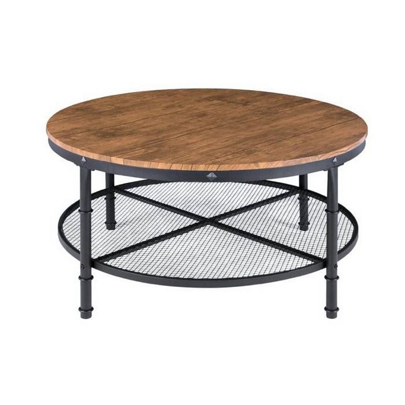 Farmhome Industrial Wood Steel Coffee Table 2-tier Round With Storage Shelves